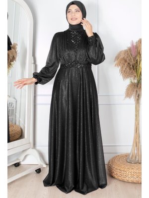 Siyah Payet Detaylı Simli Tül Büyük Beden Abiye Siyah Payet Detaylı Simli Tül Büyük Beden Abiye