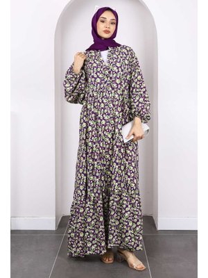 Mor Yarım Düğmeli Eteği Katlı Elbise Mor Yarım Düğmeli Eteği Katlı Elbise