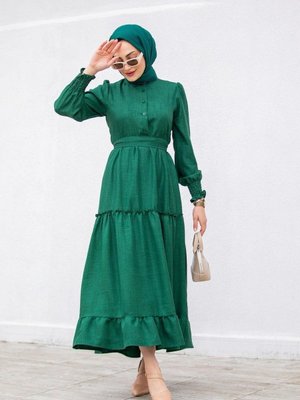 Zümrüt Etek Fırfır Detaylı Keten Elbise