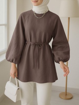 Açık Kahve Yuvarlak Yaka Beli Bağcıklı Balon Kol Tunik