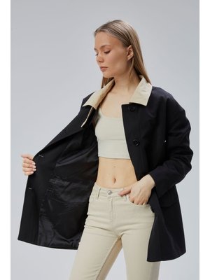 Oversize Casual Midi Trençkot Siyah