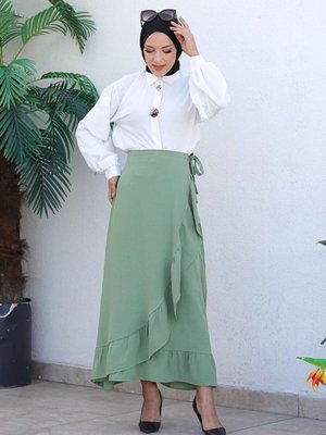 Haki Uzun Fırfırlı Tasarım Etek