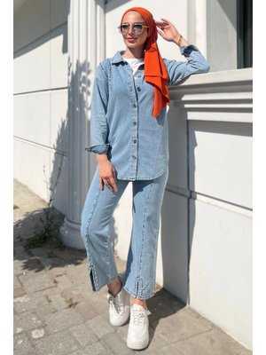 Buz Mavi Tensel Taş Detaylı İkili Takım