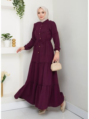 Dantel Detaylı Bel Bağcıklı Gül Kurusu Ayrobin Elbise