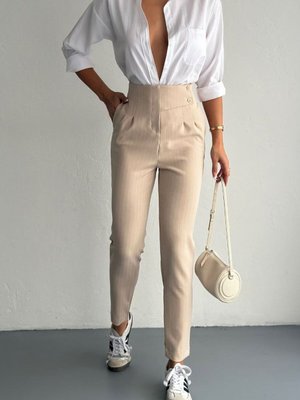 Bej Çizgili Likralı Krep Pantolon