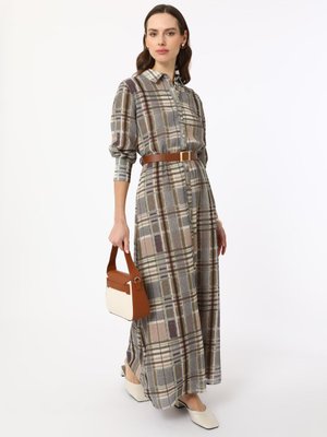 Kahverengi Ekoseli Boydan Düğmeli Ekose Baskılı Şifon Elbise