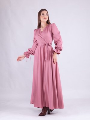 Gül Kurusu Uzun Kruvaze Yaka Kol Elbise