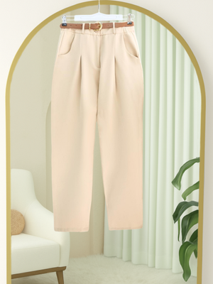 Bej Pileli Cepli Kemerli Bilek Pantolon