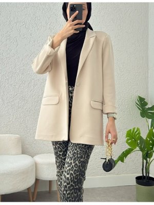 Bej Cepli Tek Düğmeli Likralı Ceket