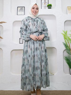 Yeşil Çizgi Desenli Elbise