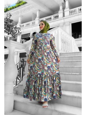 Bej Selena Desenli Viskon Elbise