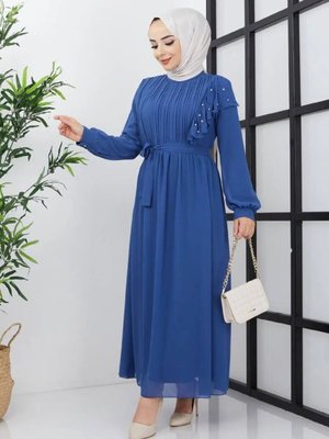 İndigo İnci Detaylı Elbise
