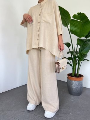 Bej Çift Cepli Yarım Yarasa Kol Salaş Gömlek Takım