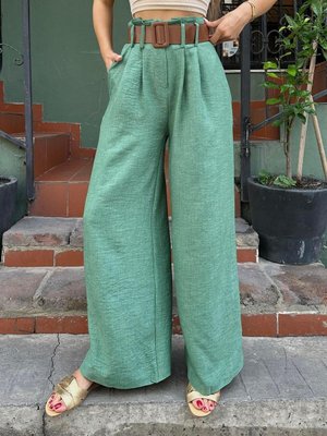 Yeşil Keten Kemerli Bol Paça Pantolon