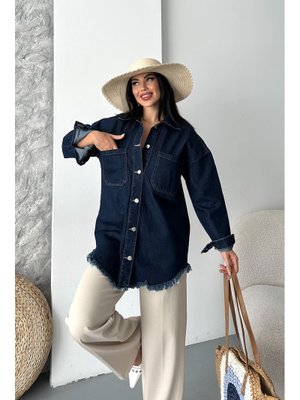 Koyu Mavi Kot Gömlek Yakalı Eteği Püsküllü Denim Ceket