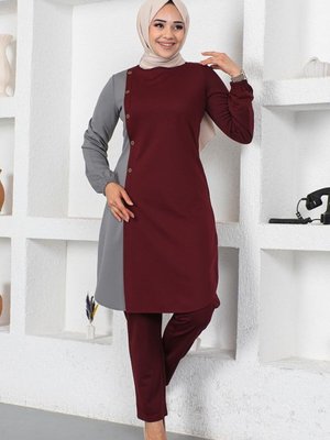 Bordo Düğmeli İki Renkli İkili Takım