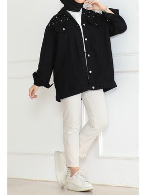 Sıyah Omuz Taş Detaylı Oversize Kot Ceket Siyah