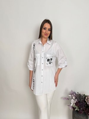 Beyaz Büyük Beden Baskı Detaylı Gömlek