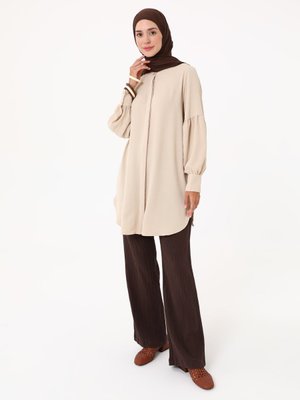 Taş Rengi Gizli Düğmeli Balon Kol Aerobin Tunik