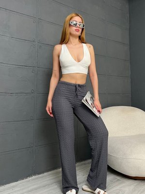 Antrasit Gofre Kumaş Bel Bağcıklı Pantolon