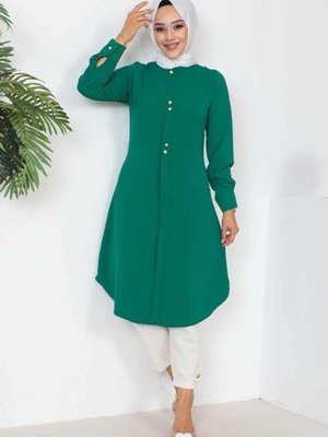 Zümrüt Yeşili Düğme Detaylı Tunik