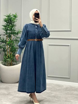 Lacivert Midi Kolları Manşetli Deri Kemerli Kot Elbise