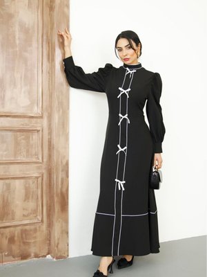 Siyah Şerit Detaylı Balon Kol Likralı Uzun Elbise