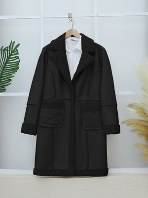 Siyah İçi Peluşlu Çıtçıtlı Cepli Deri Mont