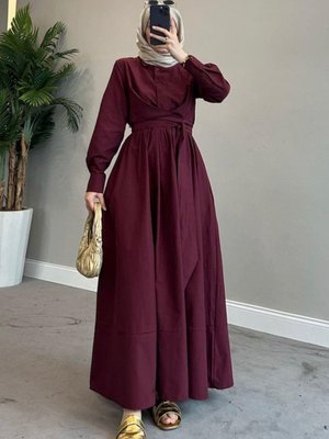 Bordo Yaka Bağlamalı Poplin Kumaş Gömlek Elbise