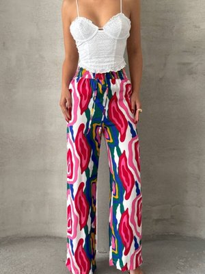 Pembe Desenli Bol Paça Viskon Pantolon