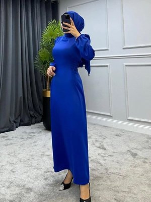 Saks Saten Kumaş Yandan Bağlamalı Model Abiye Elbise