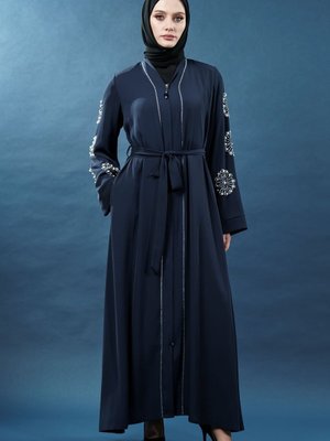 Lacivert İnci Detaylı Fermuarlı Kuşaklı Abaya