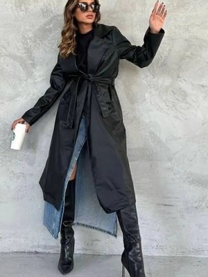 Siyah Kuşaklı Deri Trençkot