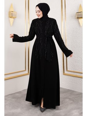 Siyah Gizli Fermuarlı Taş Detaylı Abaya Siyah Gizli Fermuarlı Taş Detaylı Abaya