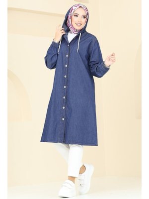 Mavı Kapüşonlu Düğmeli Denim Kap Mavi