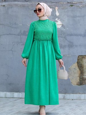 Çim Yeşili Nesli Dantel Robalı Keten Elbise