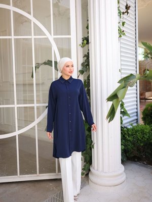 Lacivert Dubai İpeği Gömlek Tunik