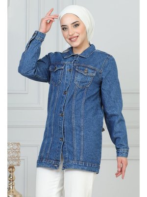 Açık Mavi Düğmeli Kot Ceket