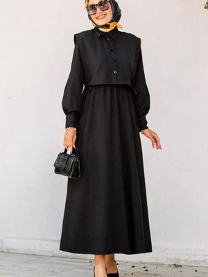 Siyah Yazlık Kumaş Üst Cep Detay Elbise Boy:135cm