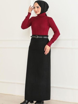 Siyah Uzun Kemerli Kaşe Kalem Etek