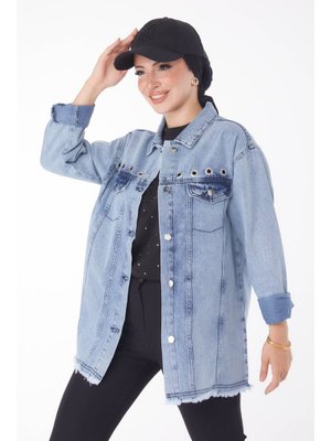 Buz Mavi Kuş Gözlü Kot Ceket