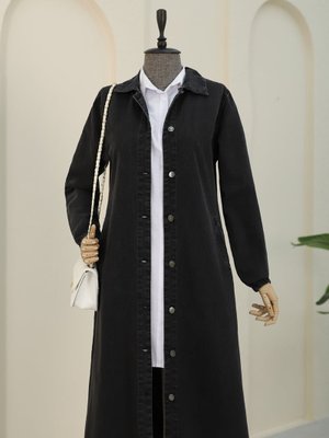 Siyah Kolu Lastikli Boydan Düğmeli Kot Kap