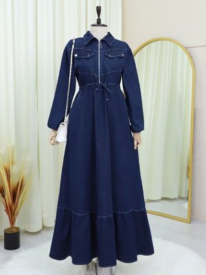 Lacivert Yarım Fermuarlı Tünel Bağcıklı Kolu Lastikli Kot Elbise Lacivert Yarım Fermuarlı Tünel Bağcıklı Kolu Lastikli Kot Elbise