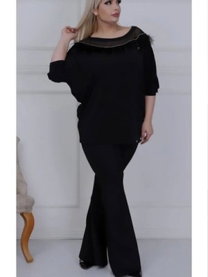 Siyah İspanyol Paça Büyük Beden Çelik Kumaş Tayt Yüksek Bel Pantolon