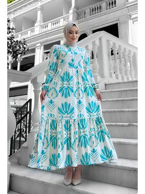 Turkuaz Bohem Desenli Viskon Elbise