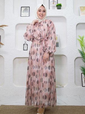 Gül Kurusu Çizgi Desenli Elbise