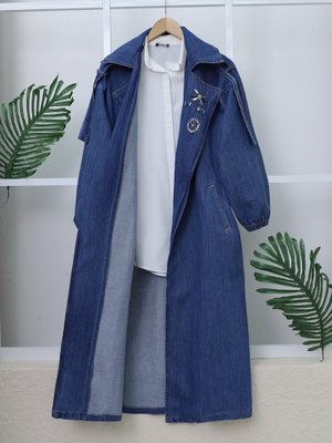 Mavi Önü Taş Detaylı Beli Bağcıklı Kot Trençkot