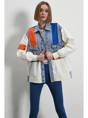 Krem Turuncu Mavi Mix Renkli Biyeli Oversize Ceket