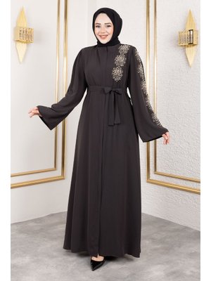 Antrasit Çiçek Desenli Boncuk İşlemeli Ferace