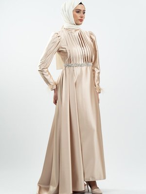 Gold Taşlı Saten Bordo Abiye Elbise